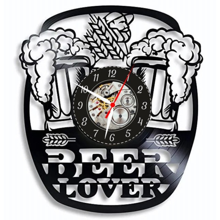 Декоративен стенен часовник, Beer Lover, дизайн от винилова плоча, скелетен механизъм, черен