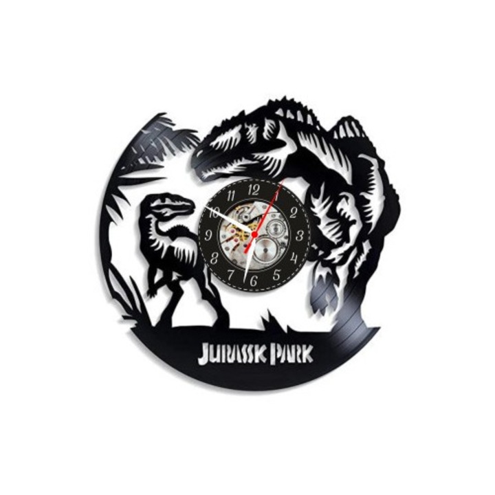 Jurassic Park dekoratív falióra, bakelit lemez, Skeleton szerkezet, fekete, 30x30cm