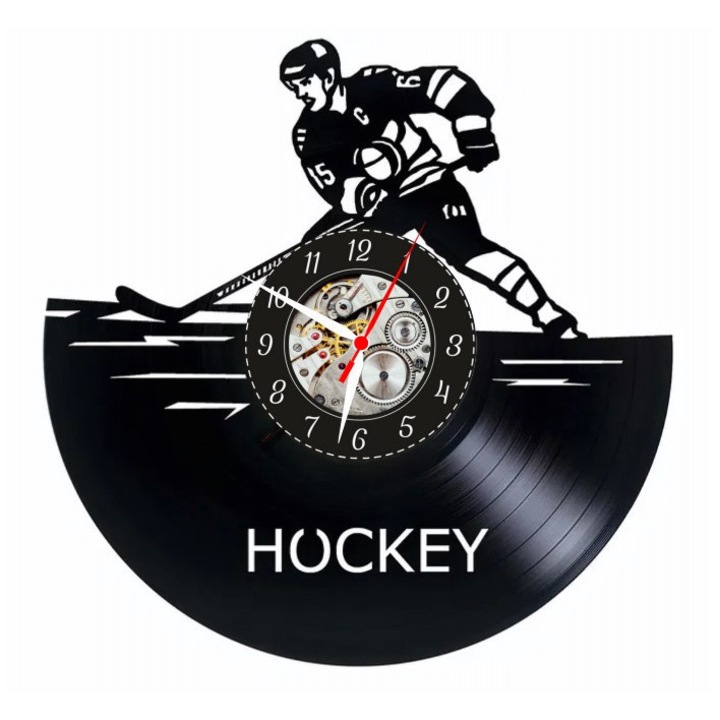 Hockey Passion dekoratív falióra, Jégbajnok design, fekete, bakelit lemezből készült, kvarc mechanizmus