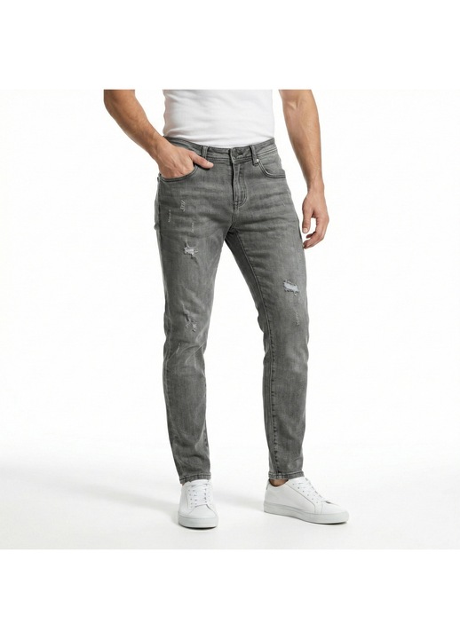 Blugi pentru barbati Skinny Fit din denim elastic Realize, cu aspect usor deteriorat, croiala slim conica, Gri