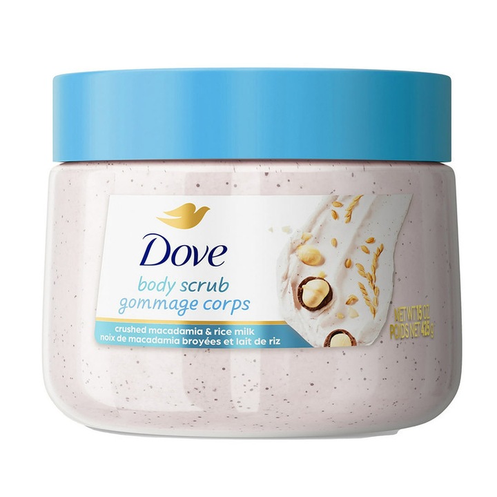 Scrub de corp, Dove, Macadamia și lapte de orez, 425 g, pentru piele netedă, textura cremoasă