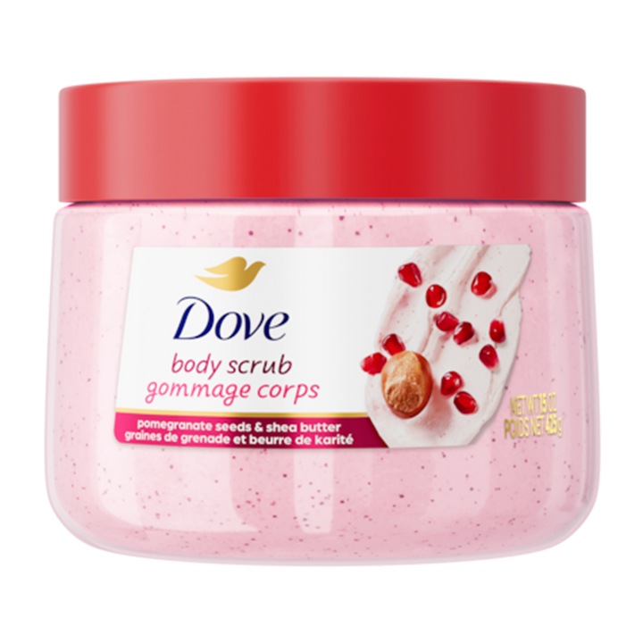 Scrub de corp, Dove, semințe de rodie și unt de shea, 425 g, pentru piele sensibilă, hidratare și exfoliere