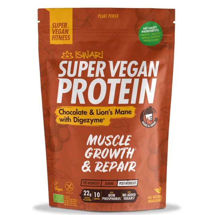 Proteina Super Vegan BIO(dupa efort) ciocolata si coama de leu cu DigeZyme(format mediu) Iswari 875 g