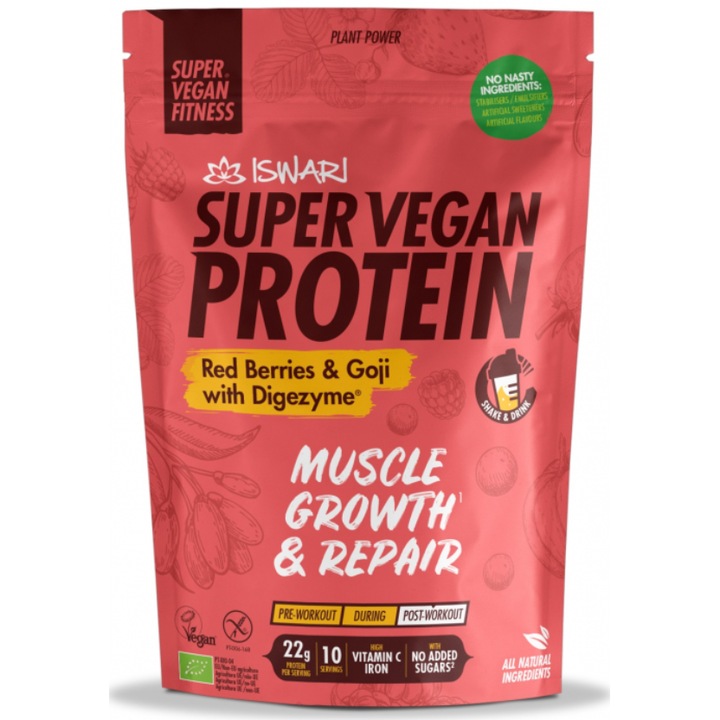 Proteina Super Vegan BIO(dupa efort) fructe rosii si goji cu DigeZyme(format mediu) Iswari 875 g