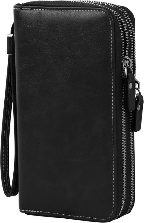 Portofel dama, Mare capacitate, 23 Compartimente, Din piele naturala, Cu fermoar metalic,21.5x11.5x2.5cm, Negru