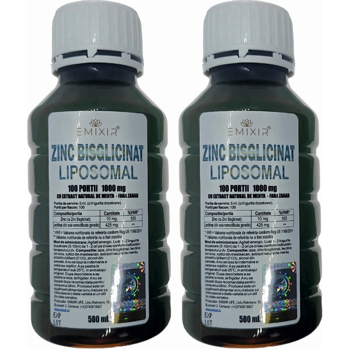 Zinc Bisglicinat lipozomal, Emixir, 2000 mg, aroma menta, set 2 flacoane x 500 ml