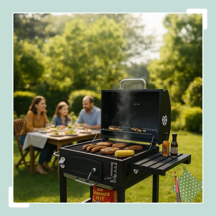 Grătar cu cărbune Northix, 2 grătare, tavă reglabilă, termometru integrat, mobil