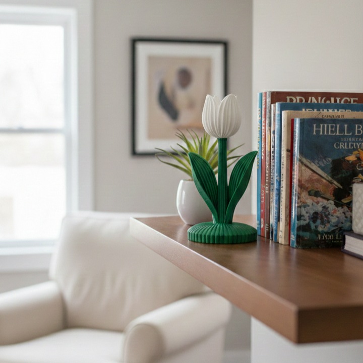 Lalea decorativă, design minimalist/japandi, alb, 17 cm, set 1 buc