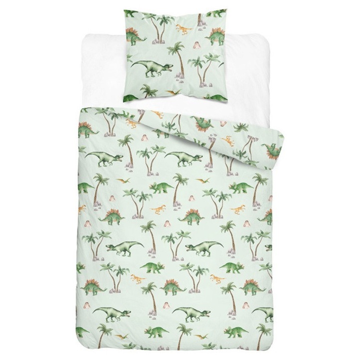 Lenjerie de pat Detexpol 160x200cm, 100% bumbac, print dinozauri, 1x70x80cm