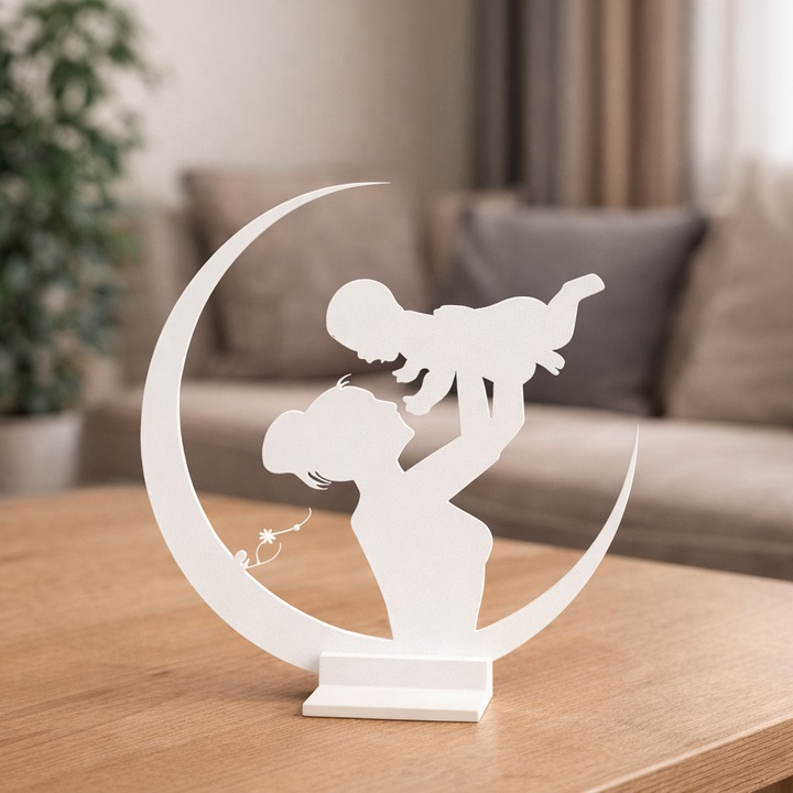 Decoratiune minimalista silueta, de familie, mama si copilul (baiat), design modern, printat 3D, alb 18 x 18 cm, cadou simbolic de familie, cadou 1 sau 8 Martie, Ziua mamei, Ornament minimalist pentru living sau dormitor