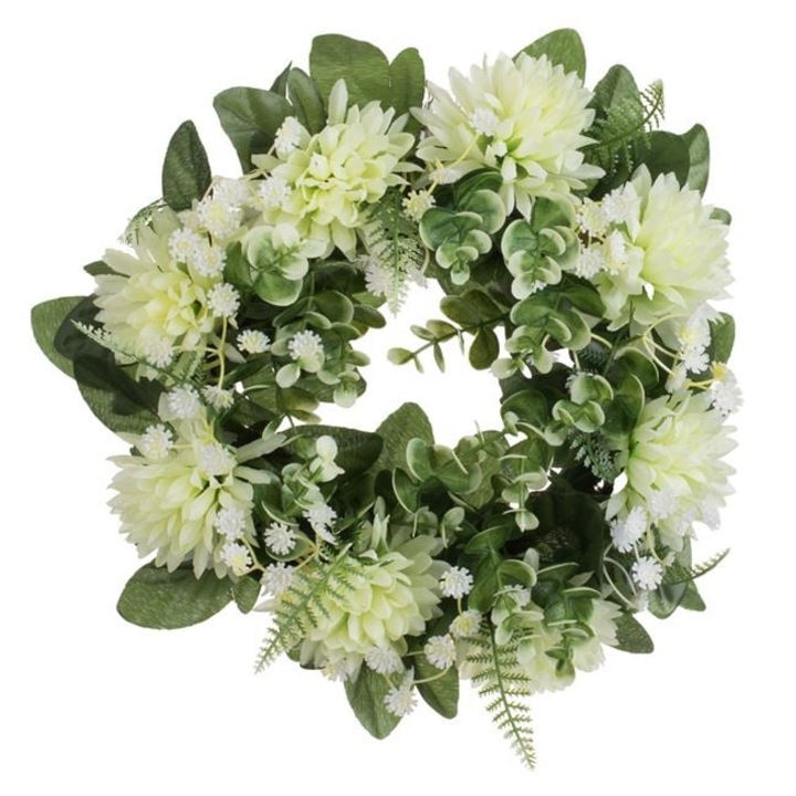 Coronita decorativa VENITIVO® usa perete cu flori artificiale albe eucalipt si feriga Ø25 cm coronita primavara Paste coronita usa intrare decoratiune flori artificiale