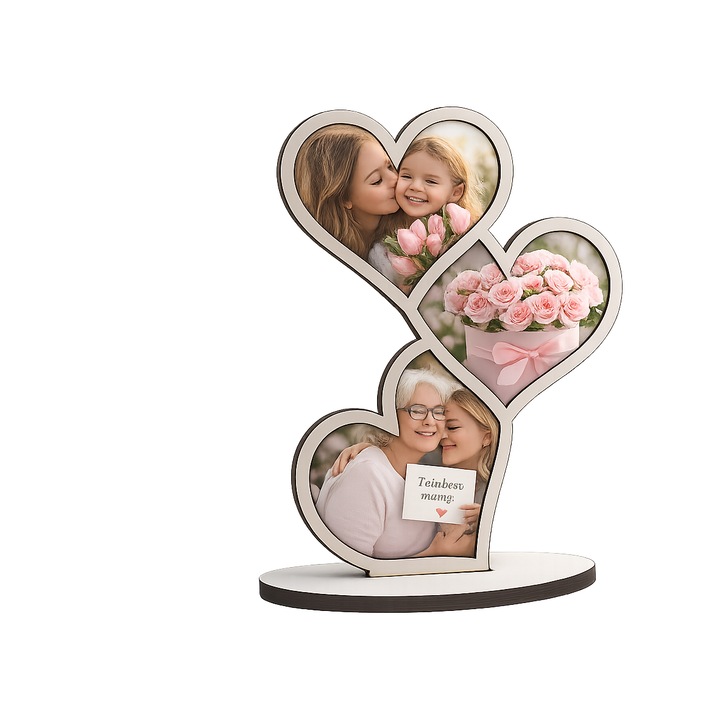 Rama foto din lemn, 3 inimi, 8 Martie, 18x15 cm