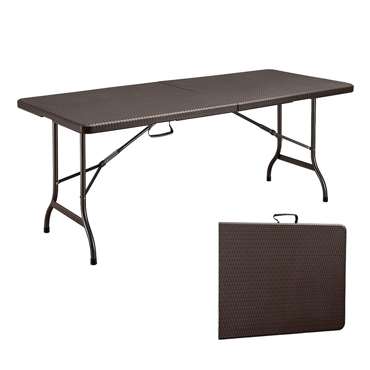 Masa plianta Kiwari® Event, 180x75 cm, pentru gradina, terasa, evenimente, HDPE ultra-rezistent, cadru metalic ranforsat, sistem pliere rapida, Maro