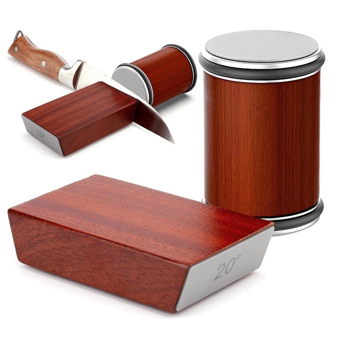 Ascutitor cutite rulant, Ascutitor manual LITFIV cu disc diamant 400/1000, 2 ghidaje magnetice, baza lemn masiv Sapele