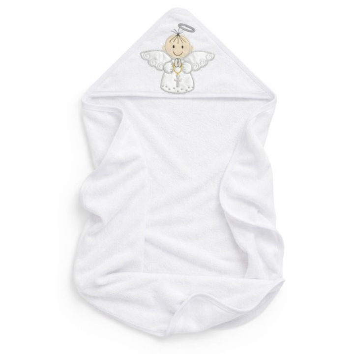 Prosop bebe alb cu gluga din bumbac, broderie ingeras, ideal pentru botez
