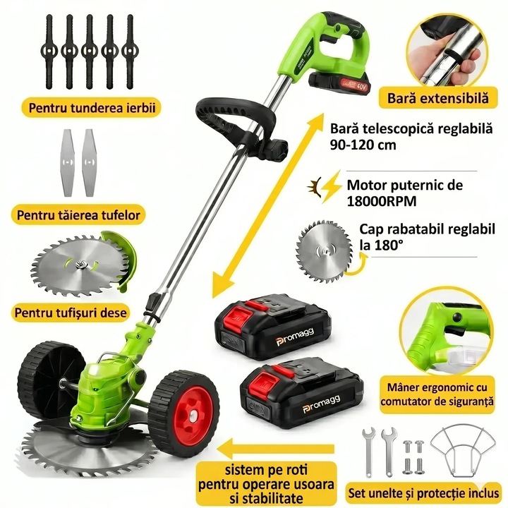 Motocoasa Electrica 48V, 4000mAh, 18.000 RPM, cu 2 Acumulatori si Roti Detasabile