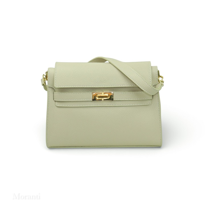 Geanta de mana Moranti din piele naturala, ecru, cu buzunar interior, captuseala din catifea neagra