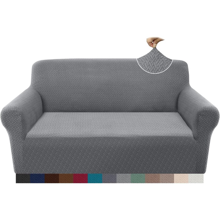 Husa canapea 2 locuri Granbest, elastica, jacquard 3D, anti-alunecare, respirabila, 145–178 cm, poliester elastic, culoare Gri deschis