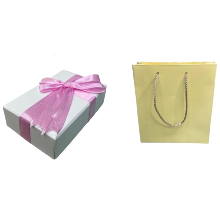 Set cadou cutie si punga - Nicas - cutie carton alb cu roz cu bentita diverse culori 6X9.5X2.9 cm - punga cadou galbena 13x14, 5x4 cm - Tip M + S