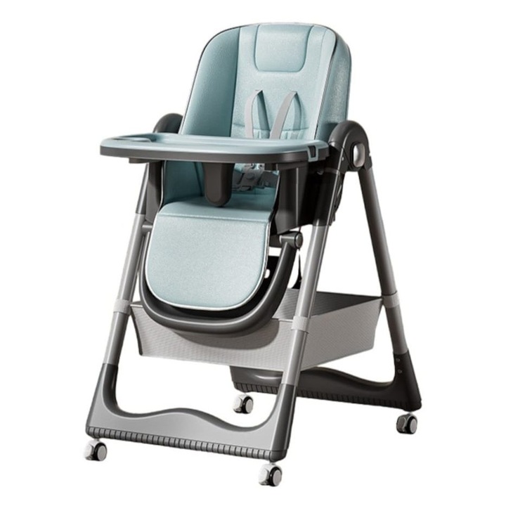 Scaun masa 3 in 1 Popypapa A65, bebelusi si copii, inaltime 8 trepte, spatar 4 pozitii, roti cu frana, centura 5 puncte, tava dubla detasabila, piele PU, pliere compacta