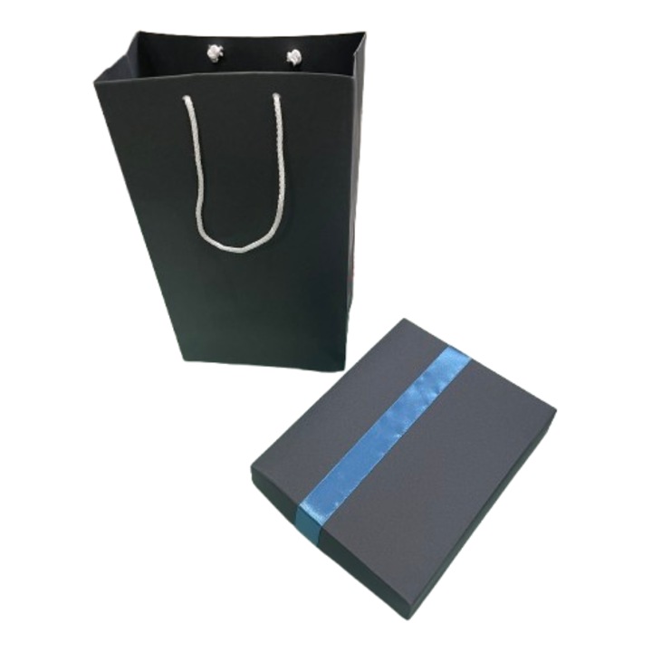 Set cadou cutie si punga - Nicas - cutie carton negru cu bentita diverse culori 13x17.5x3 cm - punga cadou negru 14X25X6 cm - Tip RS + M