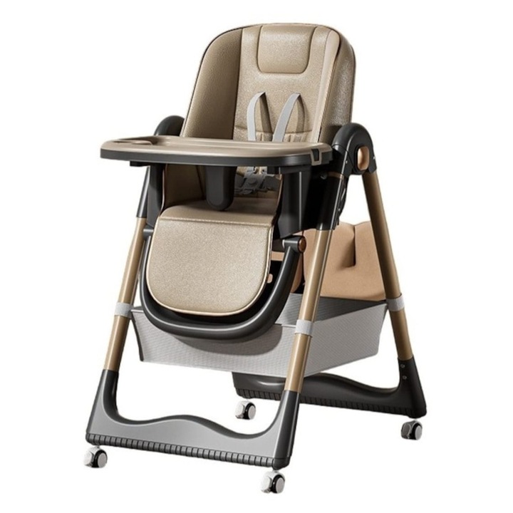 Scaun masa 3 in 1 Popypapa A65, bebelusi si copii, inaltime 8 trepte, spatar 4 pozitii, roti cu frana, centura 5 puncte, tava dubla detasabila, piele PU, pliere compacta