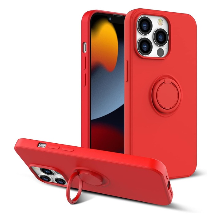 Husa din Silicon SoftHold cu Ring pentru Apple iPhone 12 Pro Max, Flexibila, Interior Microfibra, cu Suport, Prindere Sigura, Decupaje Precise, Rosu