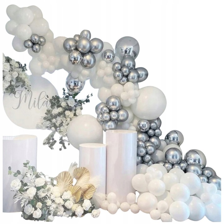 Girlanda baloane, SNM, set 139 piese, alb argintiu, nunta botez comuniune, accesorii montaj incluse, decor petrecere elegant, auto-asamblare