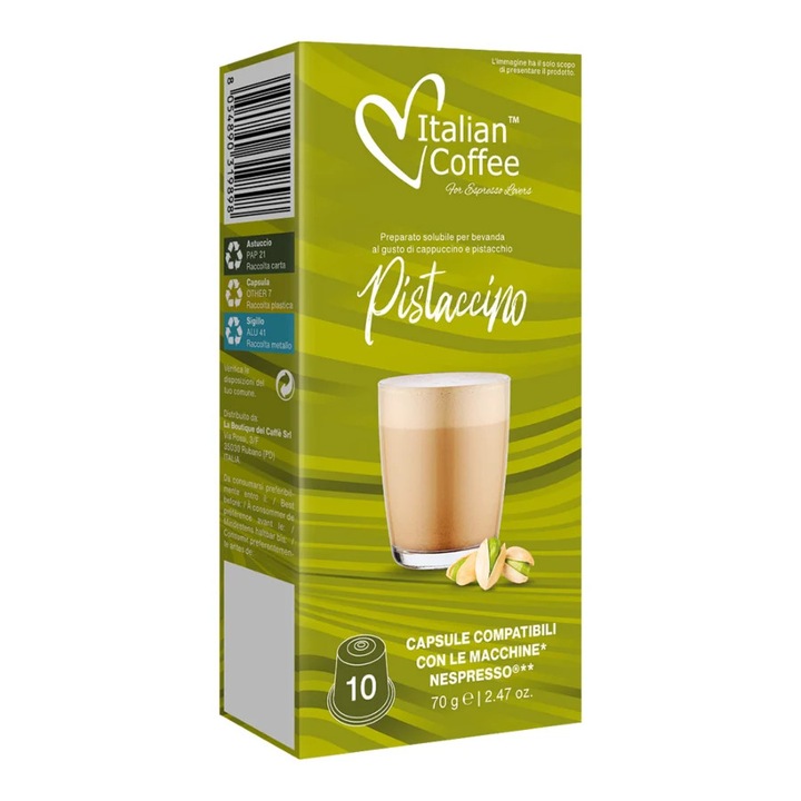 Capsule Cafea Cappuccino cu Fistic Italian Coffee, 10 capsule, compatibile cu Nespresso