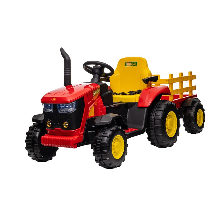 Tractor electric Premierkids Hercules, 12V, roti cauciuc EVA, rosu, pentru copii 3-6 ani, cu telecomanda