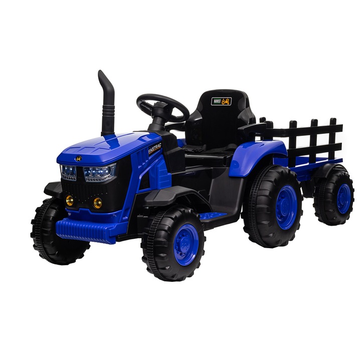 Tractor electric Premierkids Hercules, 12V, roti cauciuc EVA, albastru, scaun din piele ecologică, telecomandă