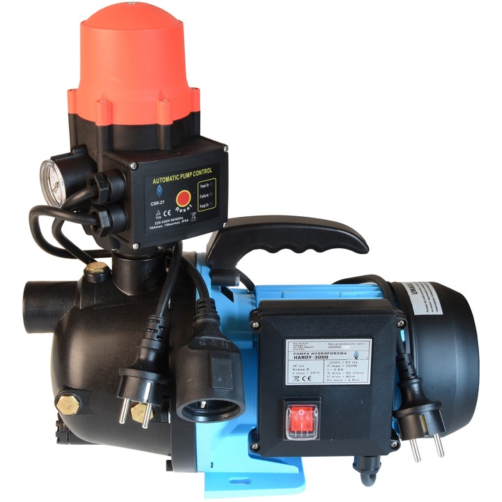 Градинска помпа HANDY 3000, ALUVRA, 550 W, дебит 3000 л/ч, макс. налягане 4 бара, автоматична работа с електронен пресостат CSK 21 BRIO, регулируемо стартово налягане