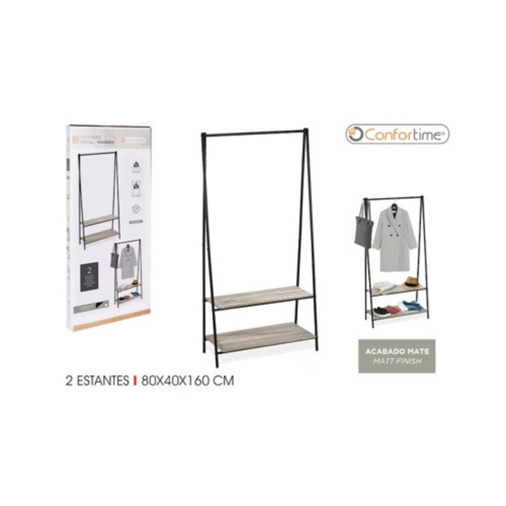 Cuier metalic Confortime cu 2 rafturi din lemn, negru/gri, 80x40x160 cm