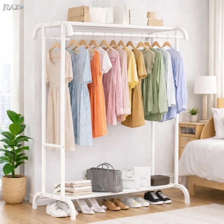 Suport dublu haine metalic RAZO, 2 rafturi, Bara dubla, Capacitate 50 kg, Design arcuit, 148x50,5x109 cm, Alb