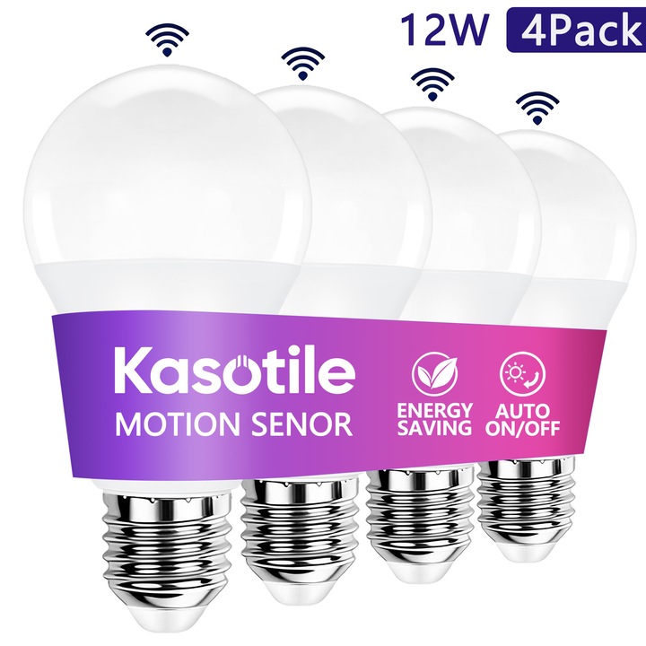 Bec cu senzor de miscare radar de 12 W, se aprinde automat la apus si se stinge la rasarit, soclu E26, echivalent cu un bec incandescent de 80 W, 800 lumeni, lumina alba rece de 6000 K, potrivit pentru verande, garaje, coridoare, scari, certificat UL, gar