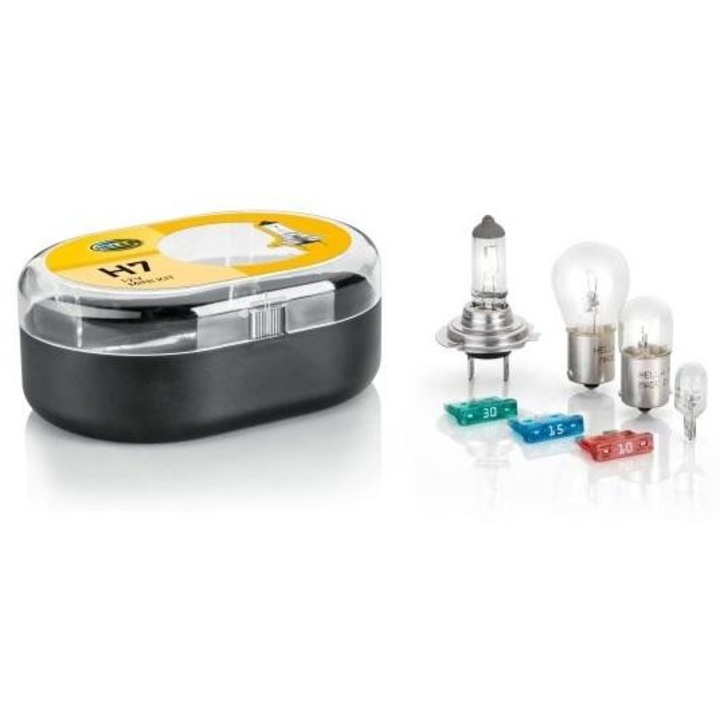 Комплект крушки за автомобил H7, P21W, R5W, T4W и 3 предпазителя, HELLA 8GH 007 157-941