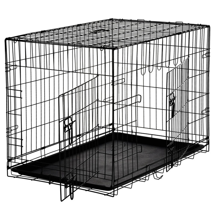 Cusca metalica pentru caine XL, pliabila, cu tava detasabila si maner, 91x57x63 cm, negru