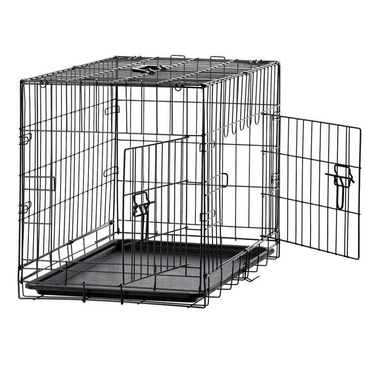 Cusca metalica pentru caine L, pliabila, cu tava detasabila si maner, 76x45x51 cm, negru