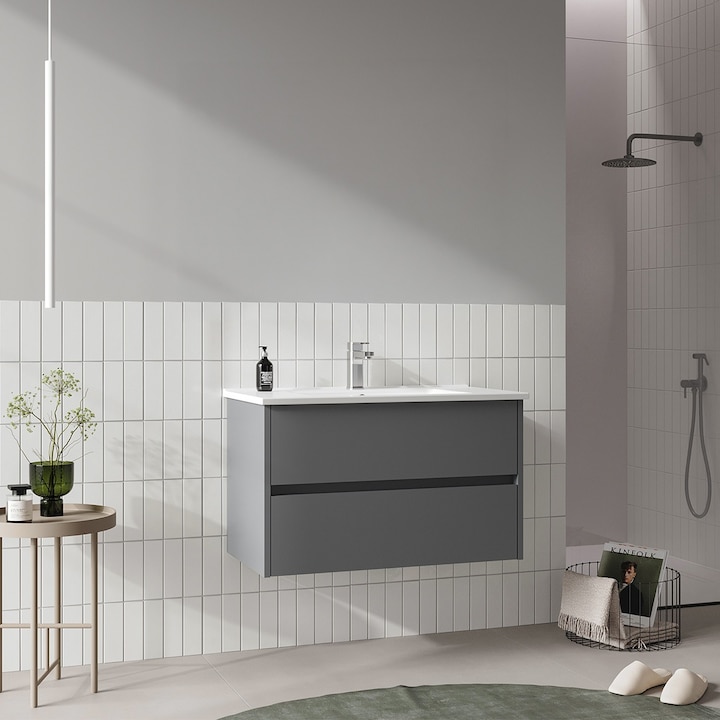 Masca baie cu lavoar inclus Orka Side, MDF, cu 2 sertare soft close, suspendat, antracit, 85 cm