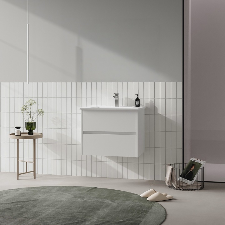 Masca baie cu lavoar inclus Orka Side, MDF, cu 2 sertare soft close, suspendat, alb, 65 cm