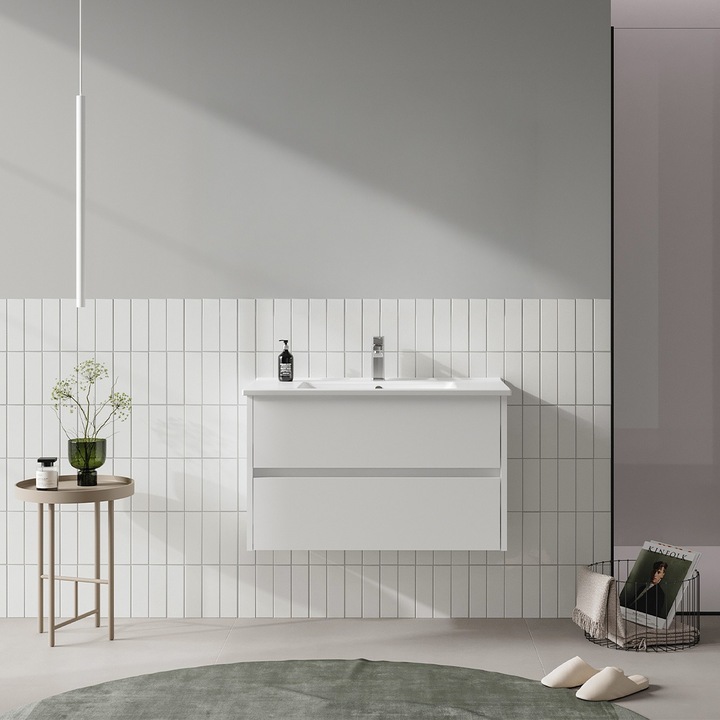 Masca baie cu lavoar inclus Orka Side, MDF, cu 2 sertare soft close, suspendat, alb, 85 cm