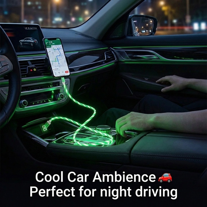 Cablu Date si Incarcare USB-C la USB-C, PRESTIGE CHARGE®, LED Luminos Verde, PD 60W Fast Charge, Universal, Compatibil CarPlay, AndroidAuto, Apple, iPhone, Samsung, Android Type C, Design Premium, Efect Luminos, Lungime 1m, Verde
