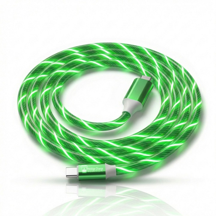 Cablu Date si Incarcare USB-C la USB-C, PRESTIGE CHARGE®, LED Luminos Verde, PD 60W Fast Charge, Universal, Compatibil CarPlay, AndroidAuto, Apple, iPhone, Samsung, Android Type C, Design Premium, Efect Luminos, Lungime 1m, Verde
