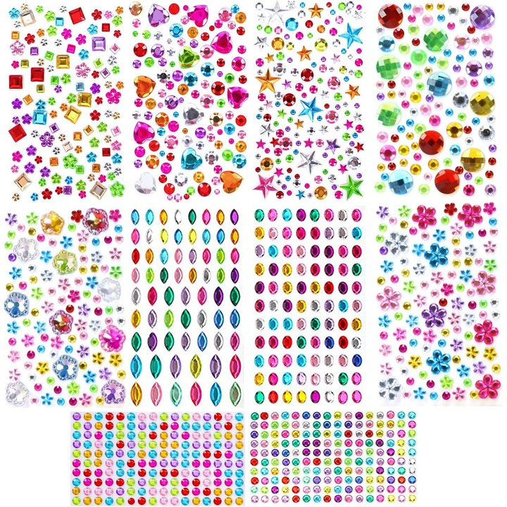 Set 1200 x Pietre Autocolante Strass, Diverse Forme si Culori, Acril, 10 coli