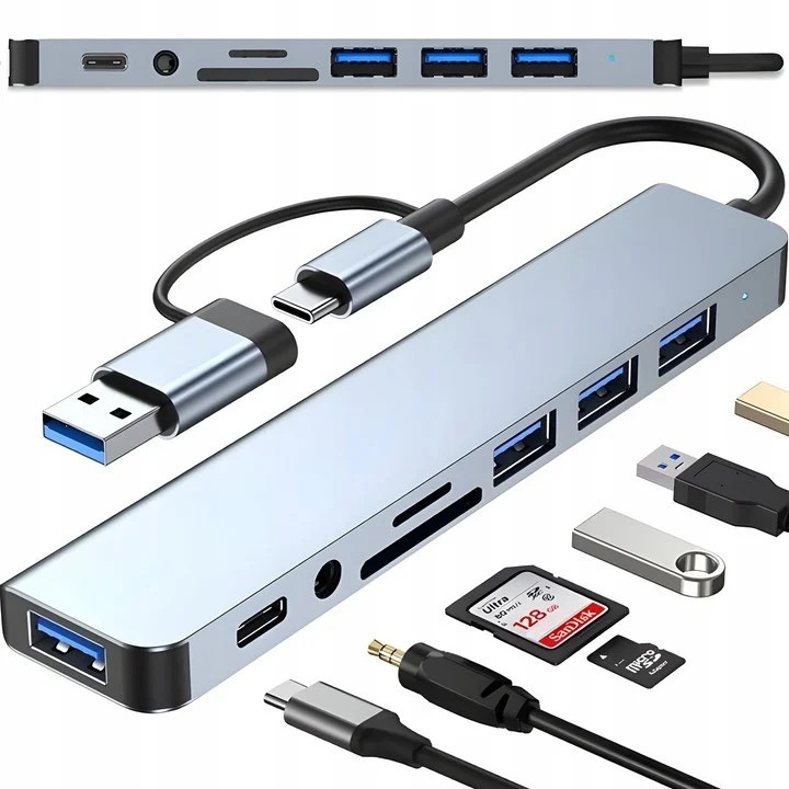 USB hub, 8 in 1, cititor card, USB 2.0, USB 3.0, 3.5 Jack, USB C, adaptor USB C - USB A, aluminiu, Dactylion®