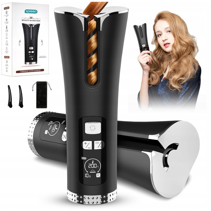 Ondulator automat fara fir Xpreen, ceramic, LCD, 19x5.6x4.9cm, set complet