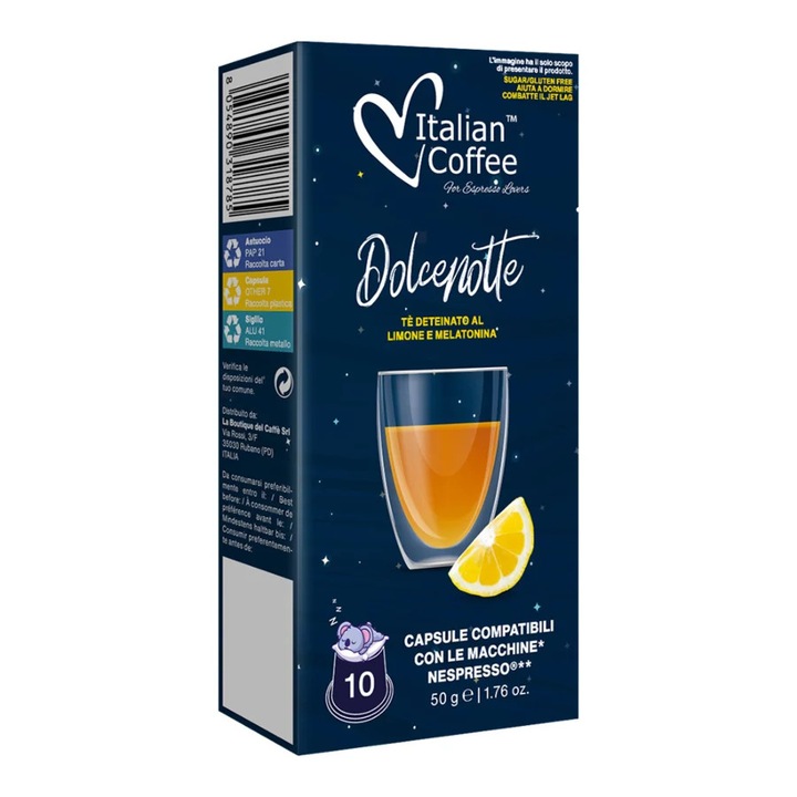 Capsule Ceai de Lamaie si Melatonina, Fara Teina, Dolce Notte Italian Coffee, 10 capsule, compatibile cu Nespresso