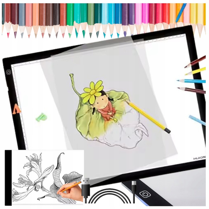 Tableta grafica LED A4, 3 niveluri de luminozitate, set complet pentru desenat, pentru copii