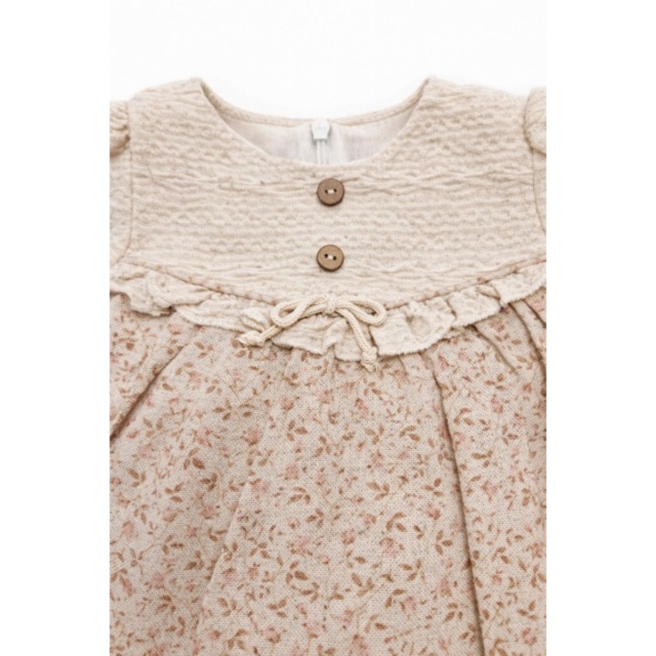 Rochita bebe fetita eleganta crem cu imprimeu floral dantela si design vintage premium, 3-6 luni, Multicolor