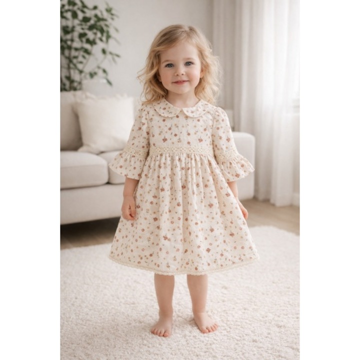 Rochita fetita eleganta cu imprimeu floral guler rotund si maneci evazate, 3-6 luni, Crem